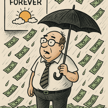 Cartoon, man under umbrella while money rians on him.