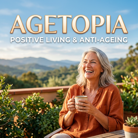 Smiling older woman holding a cup of tea on a terrace with plants and mountains