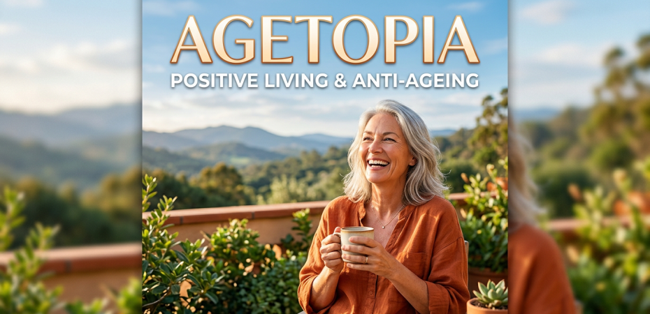 Smiling older woman holding a cup of tea on a terrace with plants and mountains