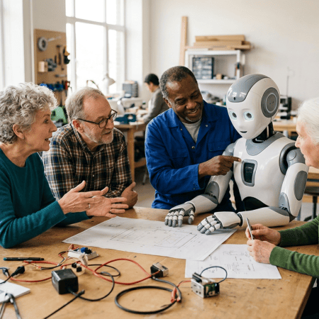 Four adults discussing plans with a humanoid robot at a workshop table