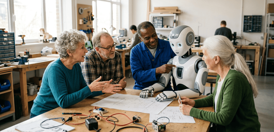 Four adults discussing plans with a humanoid robot at a workshop table