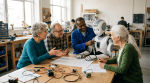 Four adults discussing plans with a humanoid robot at a workshop table