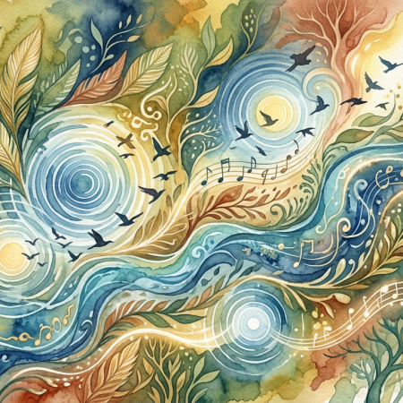 Watercolor scene of flowing rivers, leaves, birds, circular skies, and musical notes