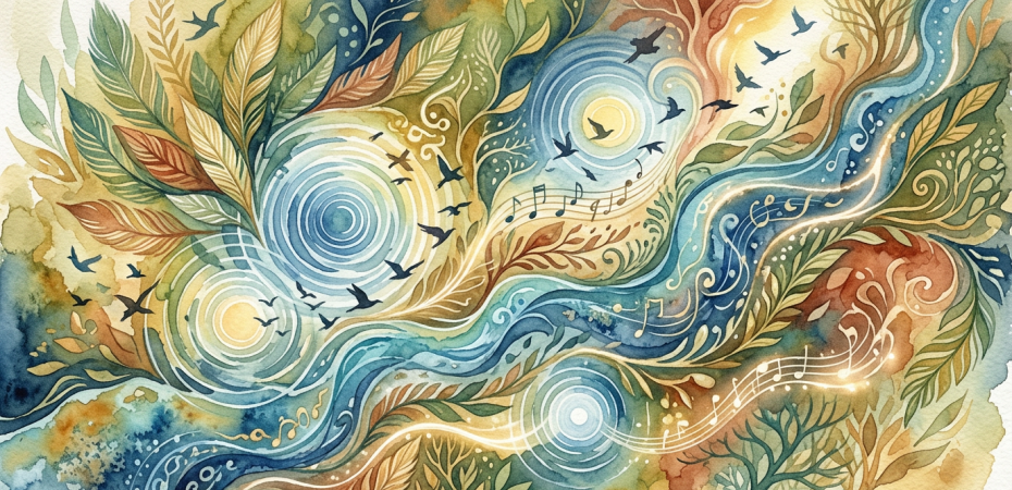 Watercolor scene of flowing rivers, leaves, birds, circular skies, and musical notes
